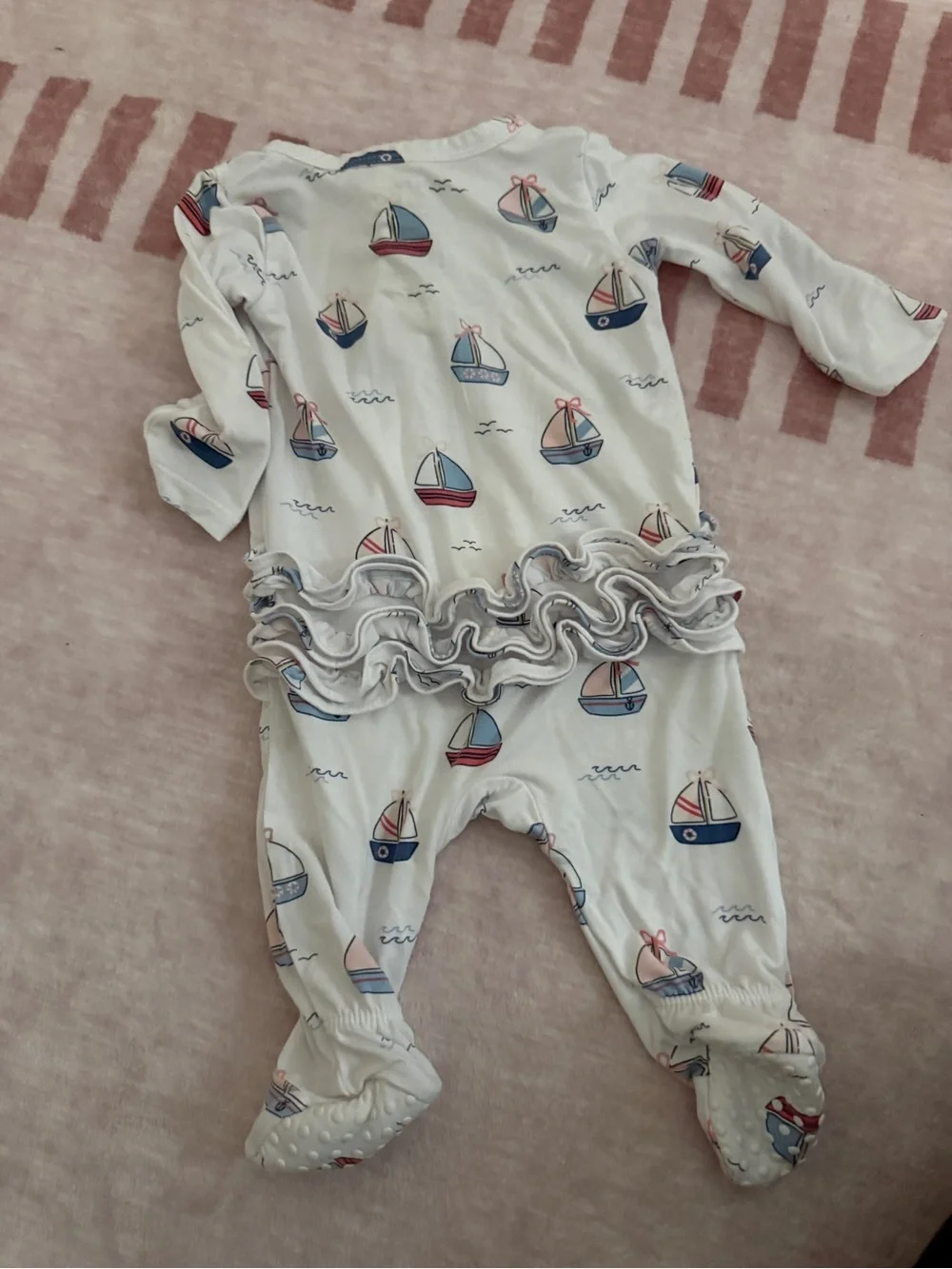 Angel Dear White Footed One-Piece with Blue and Red Sailboats